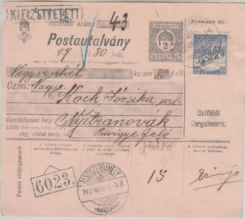 Ungarn/Slowakei - 2 F. Ganzsache + Zusatz Postanweisung Alsószerdahely 1918