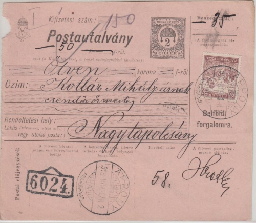 Ungarn/Slowakei - 2 F. Ganzsache + Zusatz Postanweisung Appony - 1918
