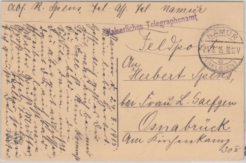 LP Belgien - Kaiserlisches Telegraphenamt L1 Feldpostkarte Namur Osnabrück 1915