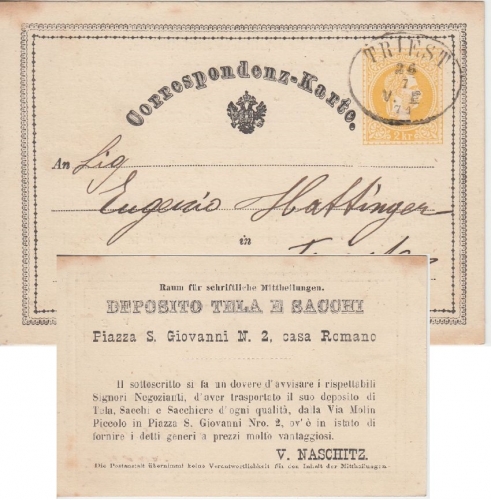 Österreich - 2 Kr. Ganzsache Fr. Joseph priv. Zudruck Ortskarte Triest 26.7.1871