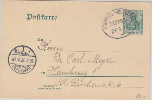 DR - Hamburg Helgoland Seepost 1907 5 Pfg. Ganzsache n. Hamburg