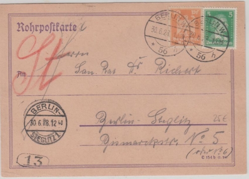 DR - 50 Pfg. Adler u.a. Rohrpostkarte Berlin W56 - Steglitz 1928