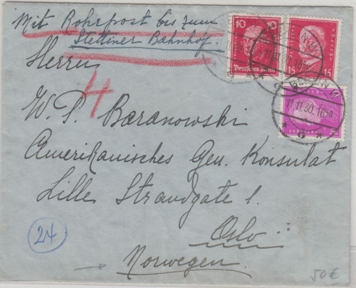 DR - 15 Pfg. Hindenburg u.a. Rohrpostbrief n. NORWEGEN Berlin W9 - Oslo 1930