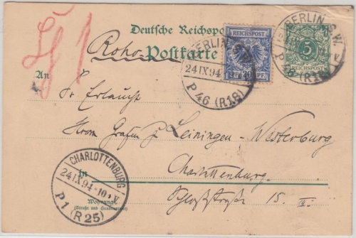 DR - 5 Pfg. Ganzsache + Zusatz Rohrpostkarte Berlin SW 1894