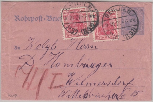 DR - 60 Pfg. Germania + Zusatz Rohrpostbrief Berlin N - 9.3.21