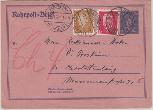 DR - 40 Pfg. Leibniz Ganzsache+Zusatz Rohrpostbrief Berlin-Neukölln 5 1932