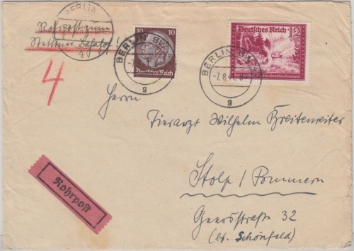 DR - 12 Pfg. Kameradschaftsblock u.a. Rohrpostbrief Berlin - Stolp 1941