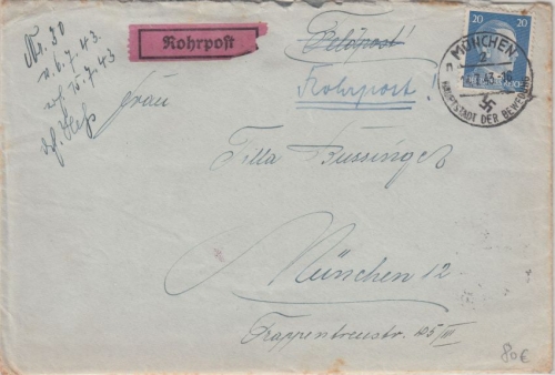 DR - 20 Pfg AH Ortsbrief Rohrpost München 14.7.43 "Rucksackbrief" (Fp.Nr. 41546)
