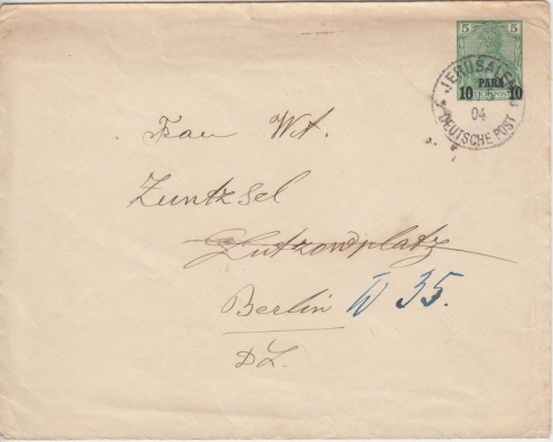 DP Türkei - 10 P. a. 5 Pfg. Germania Ganzsache m. Wz. Jerusalem - Berlin 1904