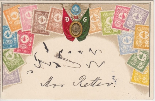 DP Türkei - 20 P. a. 10 Pfg. Germania Briefmarken-Prägekarte Constantinopel 1906
