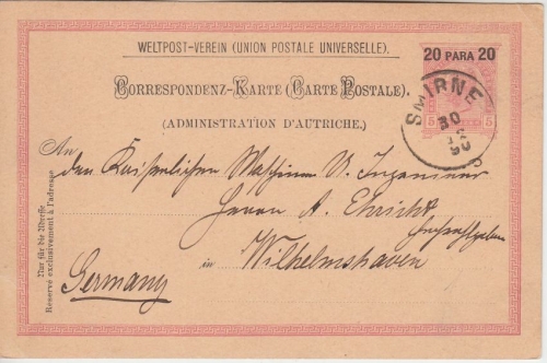 Österreich/Levante - 10 P. a. 5 Kr. Ganzsache Smirne - Wilhelmshaven 1890