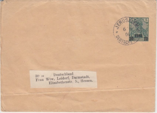 DP Türkei - 10 P. a. 5 Pfg. K/A Ganzsache Streifband Jerusalem - Darmstadt 1904