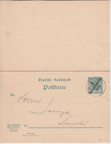 DOA - 3/3 P. a. 5/5 Pfg. K/A Ganzsache Doppelkarte Lindi 1896