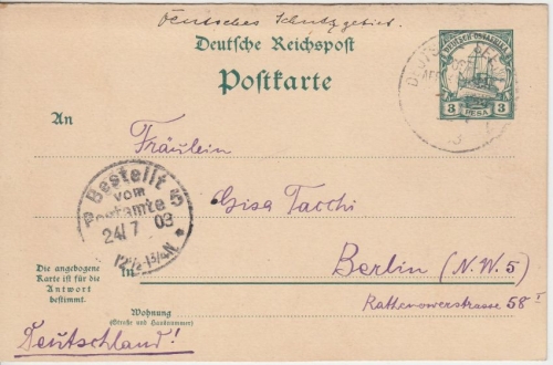 DOA - 3 Pesa Ganzsache Frageteil Ostafrikanische Hauptlinie - Berlin 1903