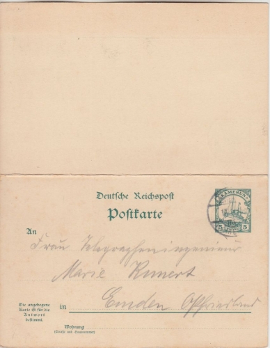 Kamerun - 5/5 Pfg. Schiffszeichnung Ganzsache Doppelkarte Duala - Emden 1913