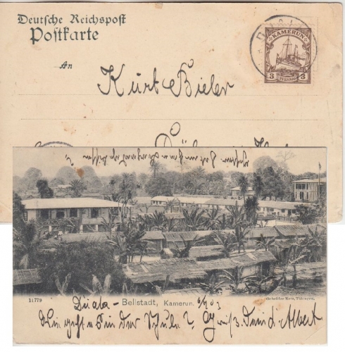 Kamerun - 3 Pfg. Schiffszeichnung sw-AK (Bellstadt) Duala - Döblau 1903