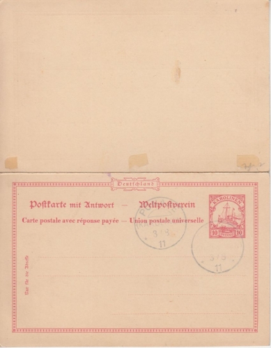 Karolinen - 10 Pfg. Schiffszeichnung Ganzsache Doppelkarte Ponape 1911