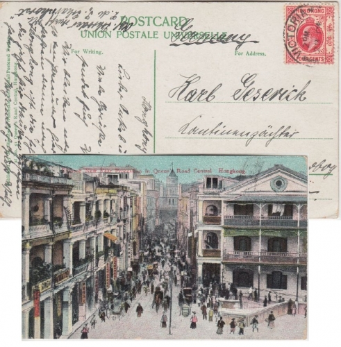 Hongkong - SMS Scharnhorst hds. Absender farb. AK Hingkong Queens Road 1909
