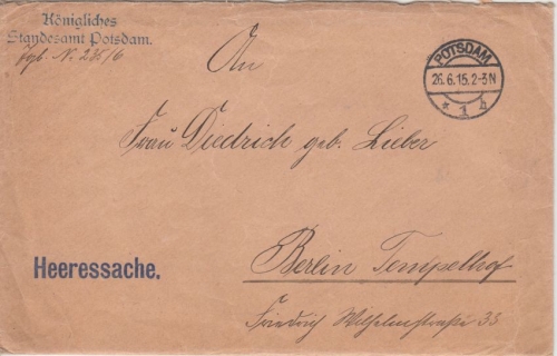 DR - Potsdam 1915 Heeressache Kgl. Standesamt n. Berlin - mit Inhalt