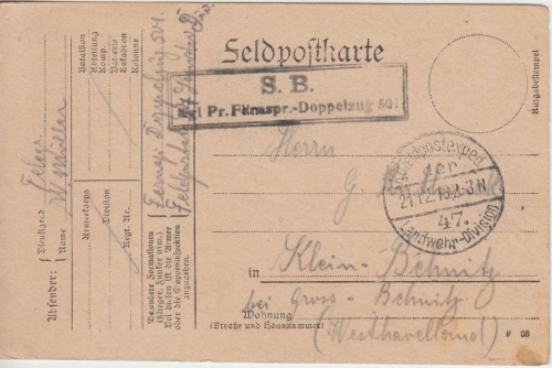 DR - Kgl.Pr.Fernsprech-Doppelzug 591 Feldpostkarte 47. Landw.Div. 1916 n.