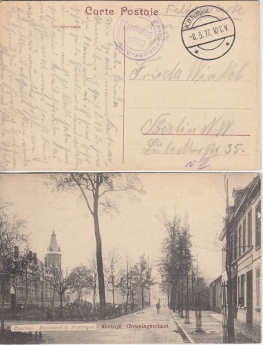 DR - Feldfliegerabteilung apt. Briefstpl. Feldpostkarte (AK Courtrai) n. Berlin