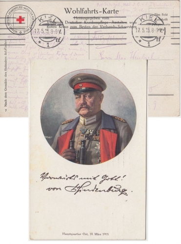 DR - Hindenburg Portrait-/Spruchkarte Wohlfahrtskarte Rotes Kreuz Kiel 1915 n.