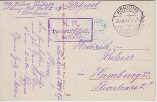 DR - Borkum 1917 SB Inselwach-Btl. + Zensurstempel Feldpostkarte n. Hamburg