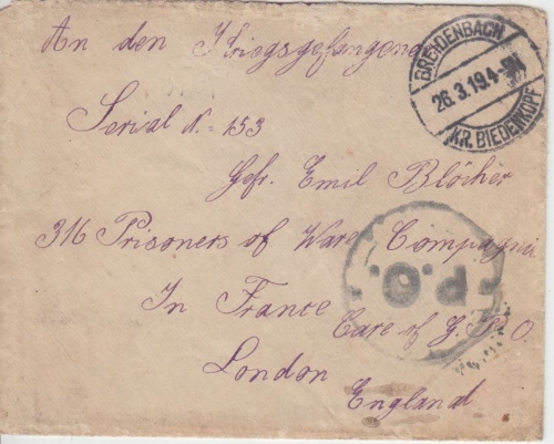 DR - Breidenbach Kr. Biedenkopf 1919 Kriegsgefangenenbrief n. ENGLAND