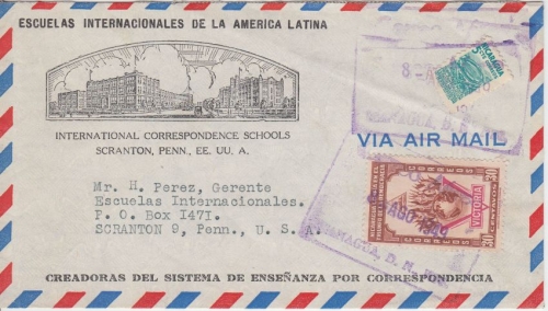 Nicaragua - 30 C. Kriegserklärung ua. illustr. Luftpostbrief n. USA Managua 1949