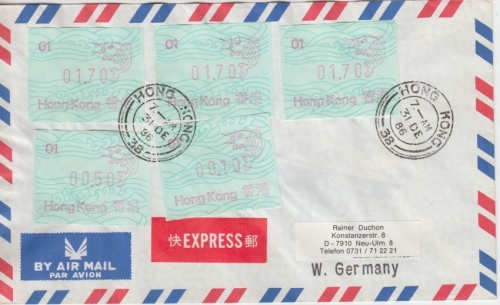 Hongkong - 3x1,70 $ ua ATM Jahr d. Fisches Express Luftpostbrief Hongkong 1986