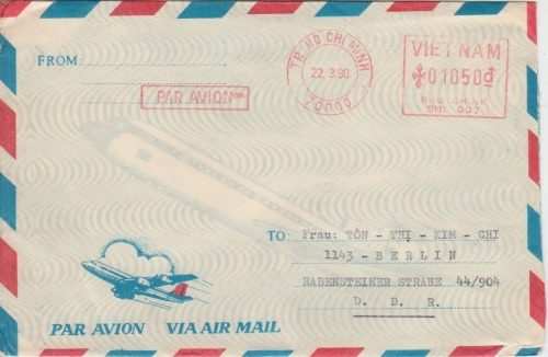 Vietnam - 1050 D. Gebühren-Freistempel Luftpostbrief Ho-Chi-Minh City 22.3.90