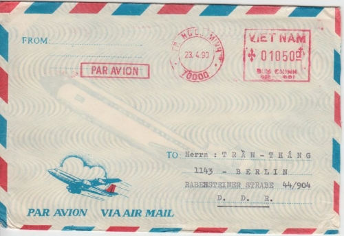Vietnam - 1050 D. Gebühren-Freistempel Luftpostbrief Ho-Chi-Minh City 23.4.90