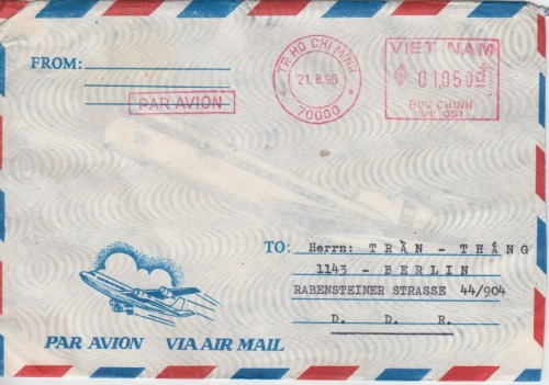 Vietnam - 1050 D. Gebühren-Freistempel Luftpostbrief Ho-Chi-Minh City 21.8.90