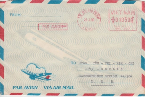 Vietnam - 1050 D. Gebühren-Freistempel Luftpostbrief Ho-Chi-Minh City 25.4.90