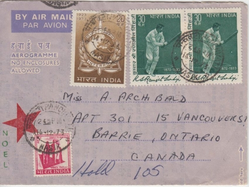 Indien - 20 P. 50 J. Interpol u.a. Aerogramme n. CANADA Nasik - Barrie 1973