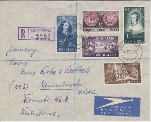 Südafrika - 300 J. J.v. Riebeek Satz Luftpost Einschreiben-FDC van Riebeek 1952