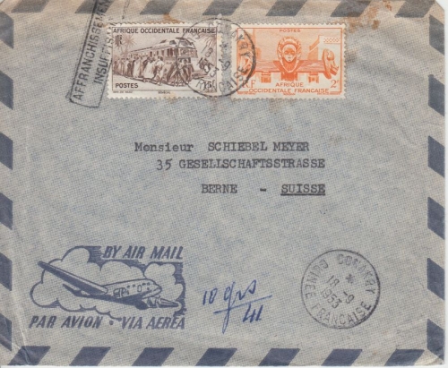 Franz. Westafrika Guinea - 15+2 Fr. Freimarken Luftpostbrief Conacry 1953