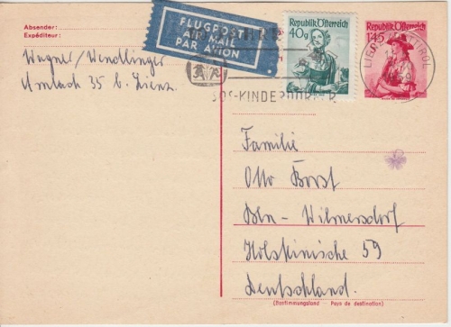 Österreich - 1,45 S. Trachten Ganzsache+Zusatz Luftpostkarte Lienz - Berlin 1959