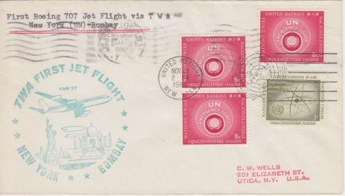 UNO NY - TWA First Flight cover New York - Bombay 1960 Zuleitungspost