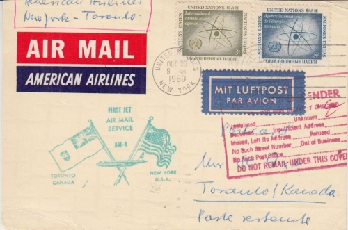 UNO NY - American Airlines First Flight card New York - Toronto 1960