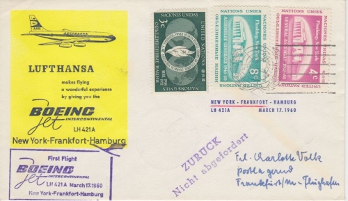 UNO NY - Lufthansa First Flight illustrated cover New York - Frankfurt a/M 1960