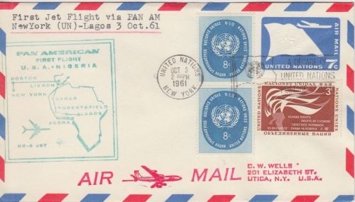 UNO NY - PanAm First Flight Ganzsache + Zusatz New York - Lagos 1961