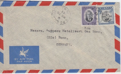 Grenada - 50+5 C. Freimarken Luftpostbrief GPO Grenada - Bonn 1953