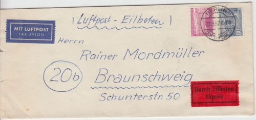 Berlin - 80 Pfg Bauten I u.a. Luftpost Eilbrief Lichterfelde - Braunschweig 1957