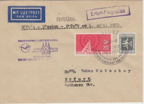 DDR - Lufthansa Erstflug Erfurt-Dresden-Erfurt Luftpostbrief n. Dresden 1958