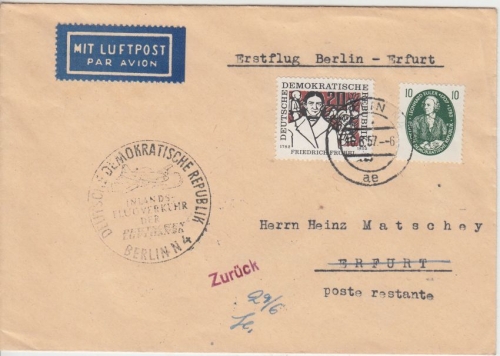 DDR - Lufthansa Erstflug Berlin - Erfurt Luftpostbrief 1957 Retourvermerk