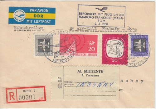 DDR Lufthansa Erstflug Hamburg Rom Zuleitungspost Berlin 1958 Lupo-Einschreiben