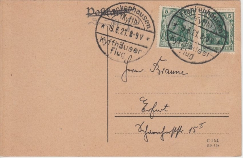 DR - 2x5 Pfg. Germania Karte Frankenhausen Kyffhäuser-Flug n. Erfurt 1921