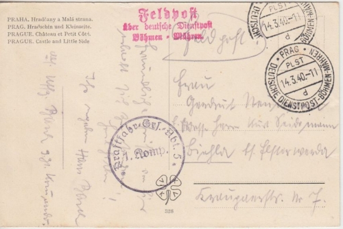 B&M - Deutsche Dienstpost PLST Prag Feldpostkarte Kraftfahr-Ers.Abt. 5 1940 n.