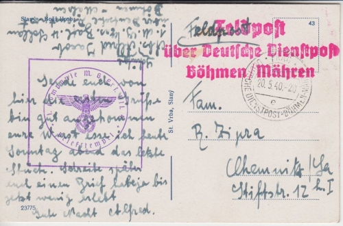 B&M - Feldpost ü. Dt. Dienstpost B&M roter L3 Feldpostkarte Prag PLST 1940 n.